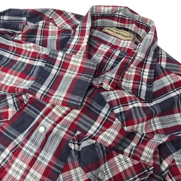 Bit &‎ Bridle Red & Navy Plaid Long Sleeve Western Shirt With Pearl Snap Buttons - Picture 1 of 6